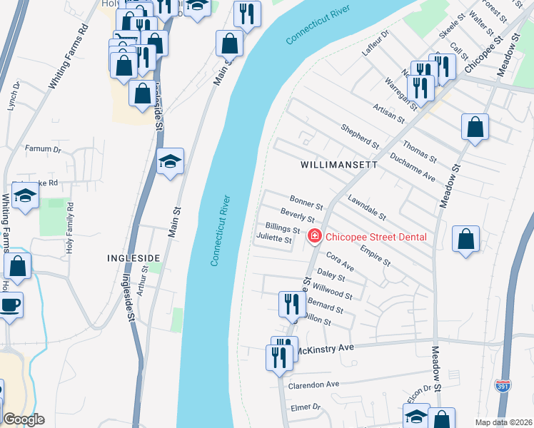 map of restaurants, bars, coffee shops, grocery stores, and more near 73 Beverly Street in Chicopee