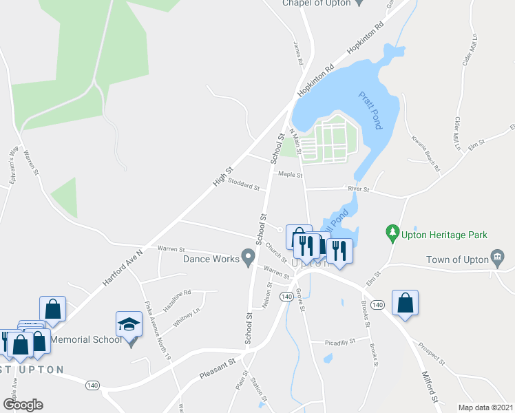 map of restaurants, bars, coffee shops, grocery stores, and more near 46A School Street in Upton