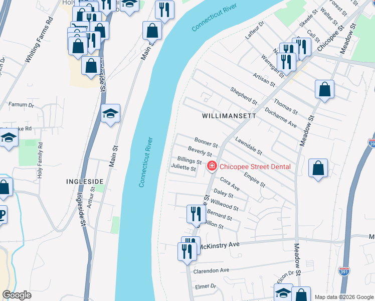 map of restaurants, bars, coffee shops, grocery stores, and more near 73 Beverly Street in Chicopee