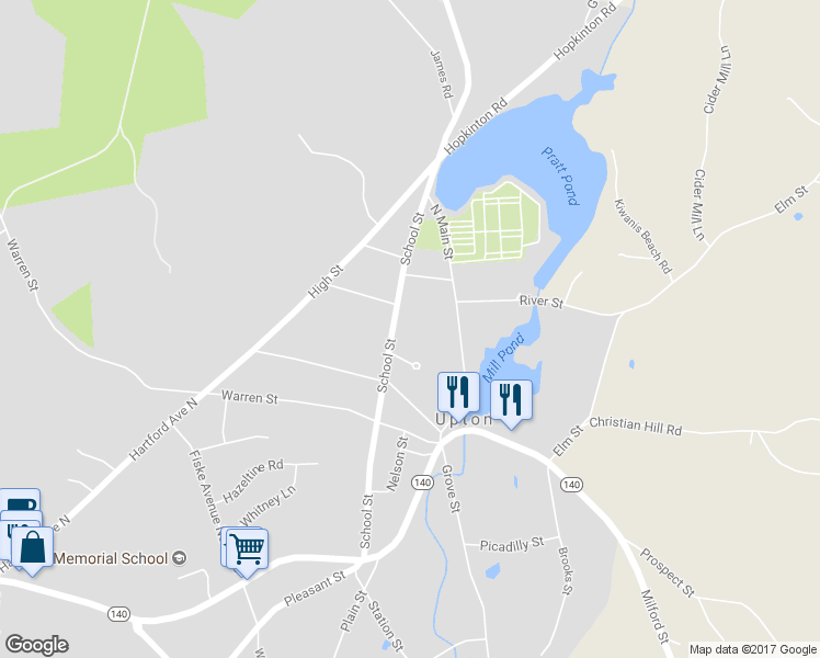 map of restaurants, bars, coffee shops, grocery stores, and more near 45 School Street in Upton