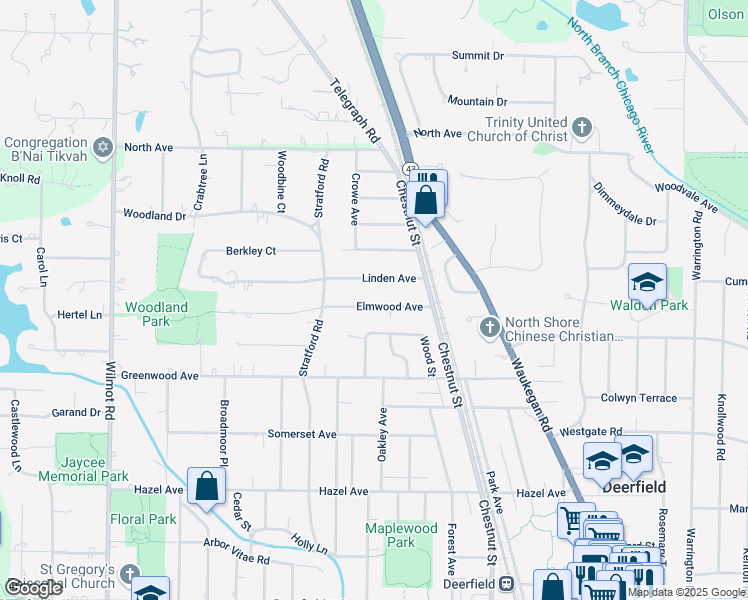 map of restaurants, bars, coffee shops, grocery stores, and more near 1126 Elmwood Avenue in Deerfield