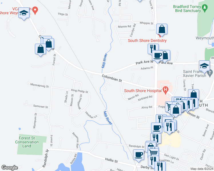 map of restaurants, bars, coffee shops, grocery stores, and more near 26 Millstone Lane in Weymouth