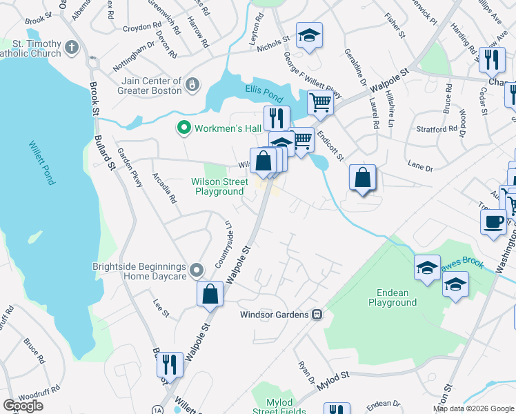 map of restaurants, bars, coffee shops, grocery stores, and more near 143D Olde Derby Road in Norwood