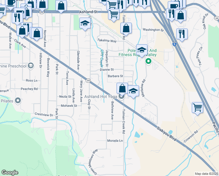 map of restaurants, bars, coffee shops, grocery stores, and more near 2315 Oregon 99 in Ashland
