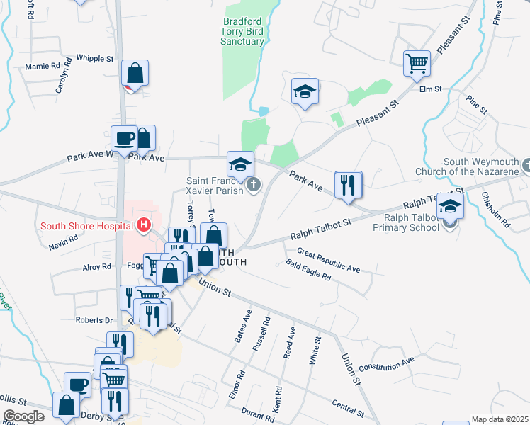 map of restaurants, bars, coffee shops, grocery stores, and more near 216 Pleasant Street in Weymouth