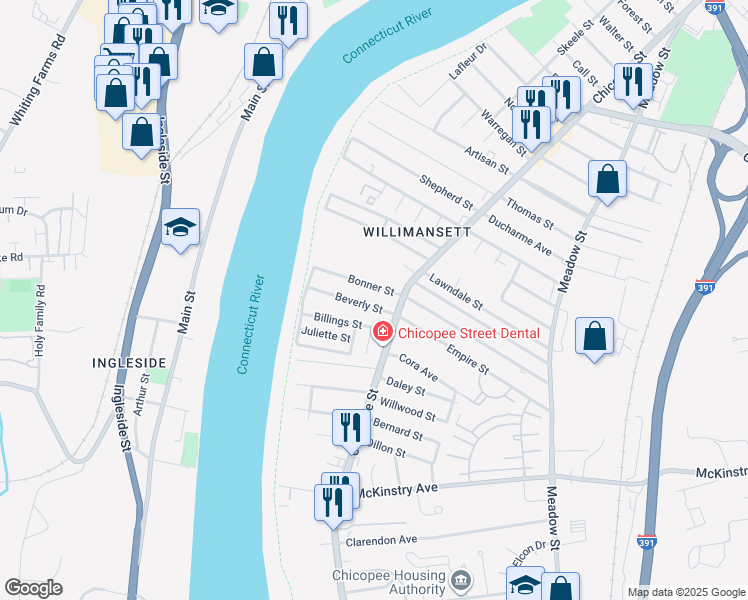 map of restaurants, bars, coffee shops, grocery stores, and more near 38 Beverly Street in Chicopee