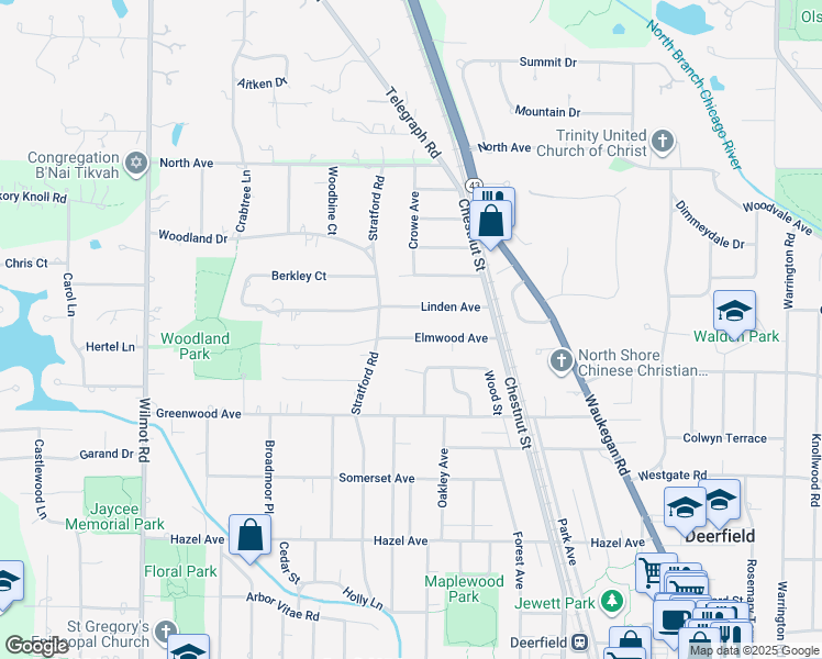 map of restaurants, bars, coffee shops, grocery stores, and more near 1150 Elmwood Avenue in Deerfield