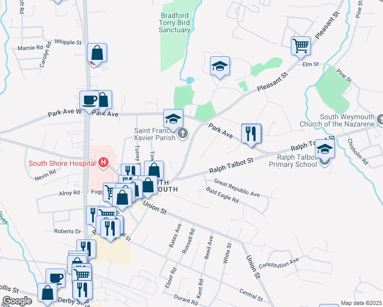 map of restaurants, bars, coffee shops, grocery stores, and more near 216 Pleasant Street in Weymouth