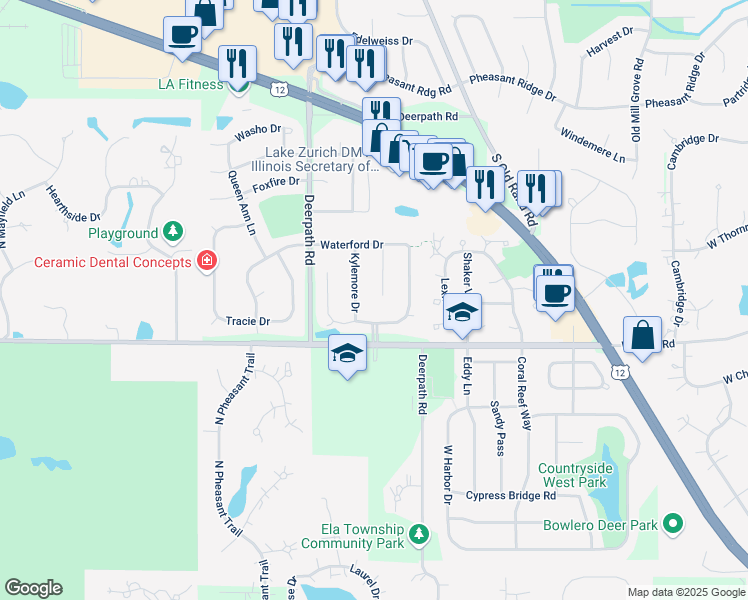 map of restaurants, bars, coffee shops, grocery stores, and more near 1210 Lismore Court in Lake Zurich