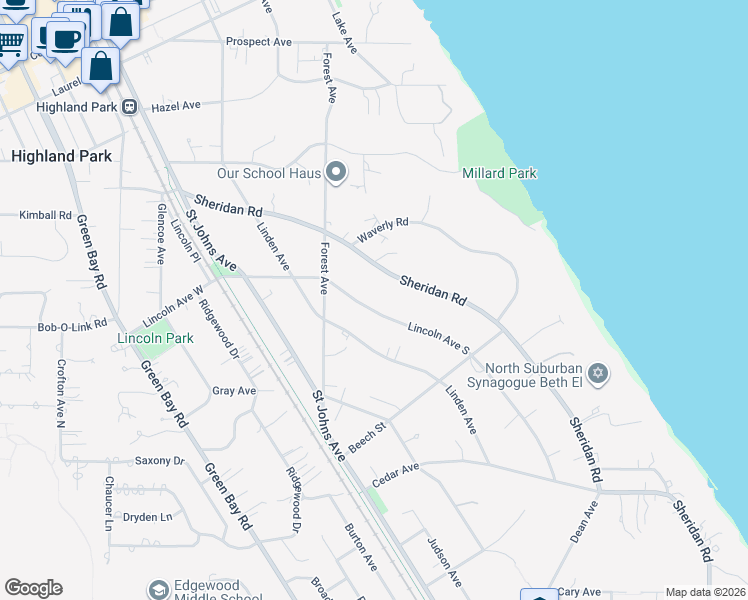 map of restaurants, bars, coffee shops, grocery stores, and more near 1361 Lincoln Avenue South in Highland Park