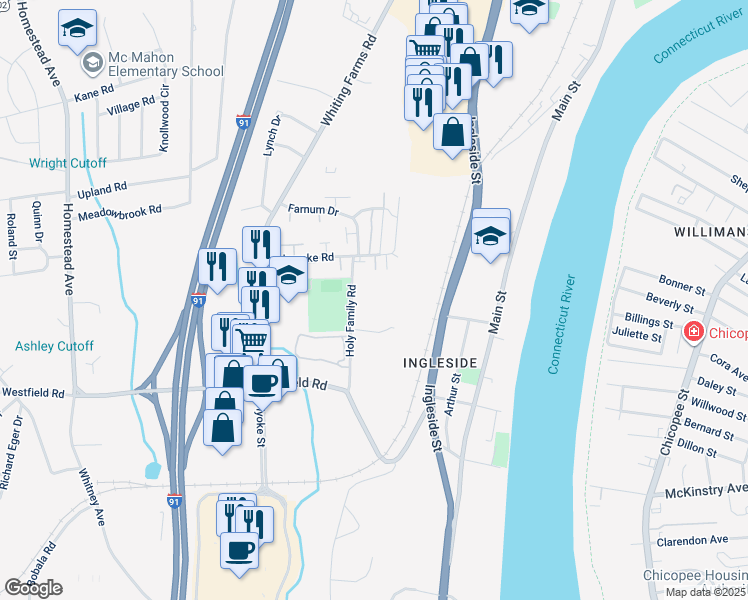 map of restaurants, bars, coffee shops, grocery stores, and more near 15 Holy Family Road in Holyoke