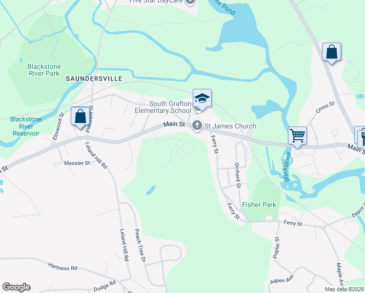 map of restaurants, bars, coffee shops, grocery stores, and more near 95 Main Street in Grafton