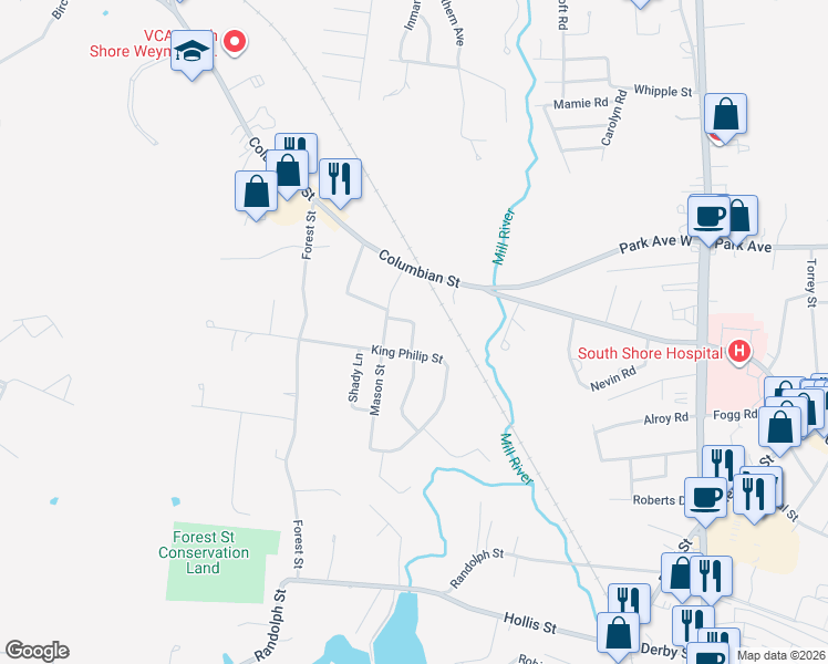 map of restaurants, bars, coffee shops, grocery stores, and more near 36 Easy Street in Weymouth