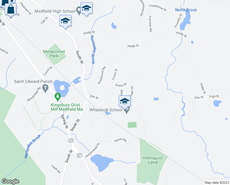 map of restaurants, bars, coffee shops, grocery stores, and more near 38 Cross Street in Medfield
