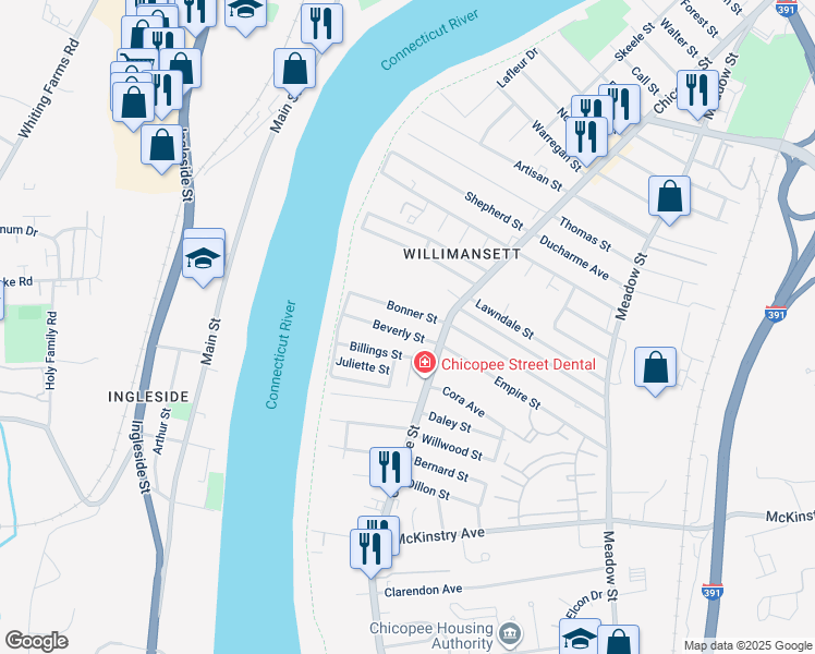 map of restaurants, bars, coffee shops, grocery stores, and more near 38 Beverly Street in Chicopee