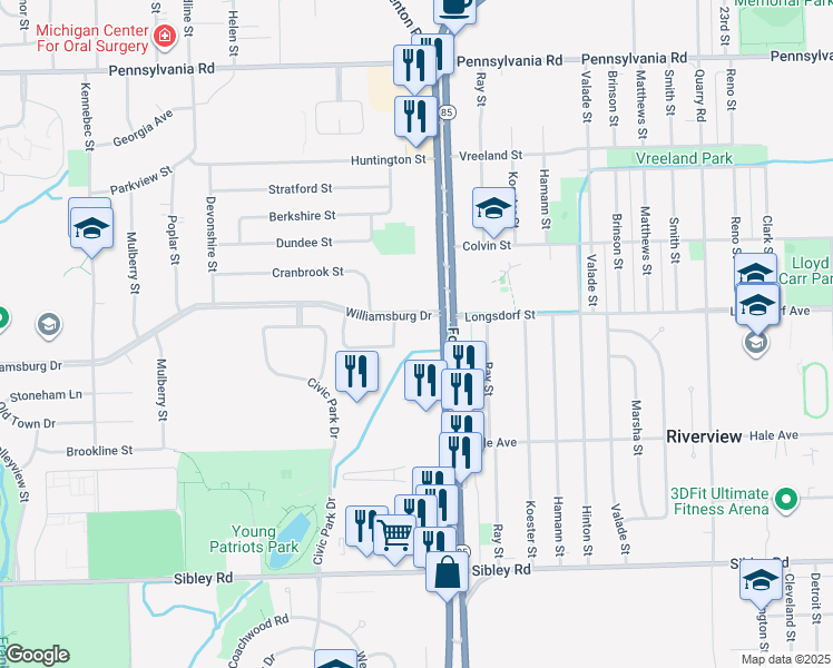 map of restaurants, bars, coffee shops, grocery stores, and more near 18070 Fort Street in Riverview