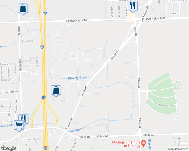 map of restaurants, bars, coffee shops, grocery stores, and more near 17800 Dix Toledo Road in Brownstown Charter Township