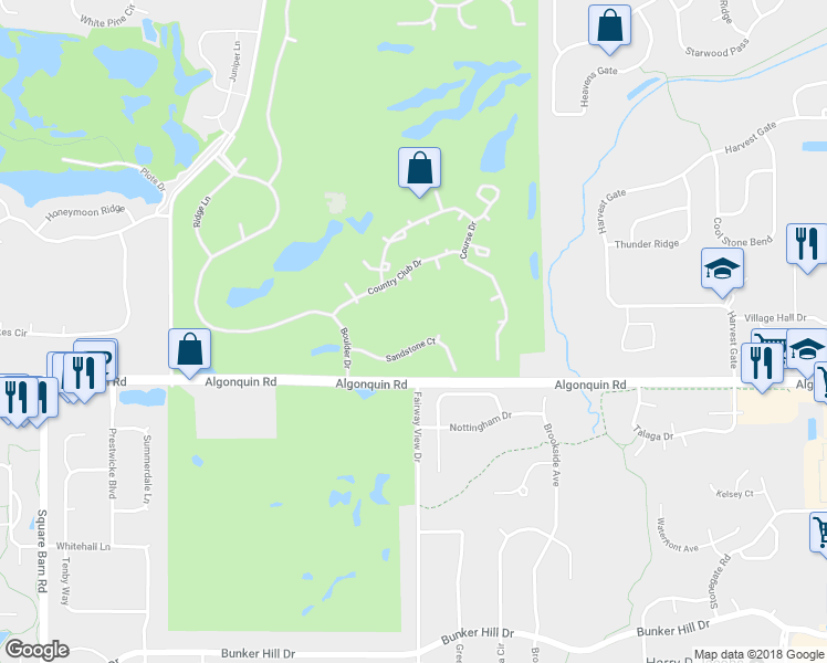 map of restaurants, bars, coffee shops, grocery stores, and more near 3421 Sandstone Court in Lake in the Hills