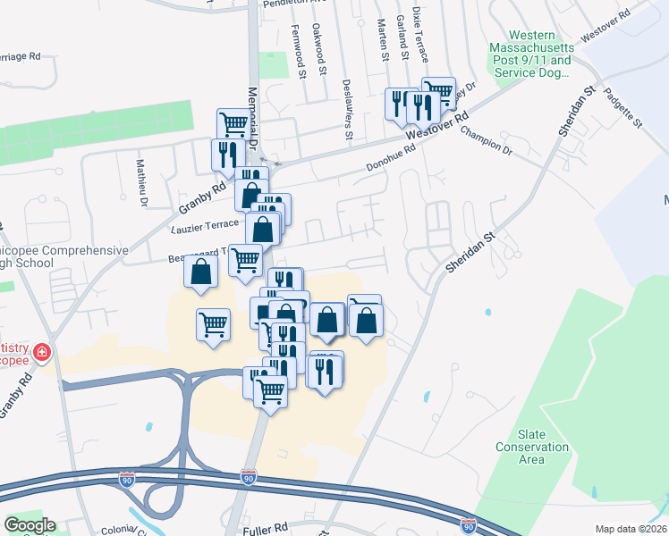 map of restaurants, bars, coffee shops, grocery stores, and more near Edbert Street in Chicopee