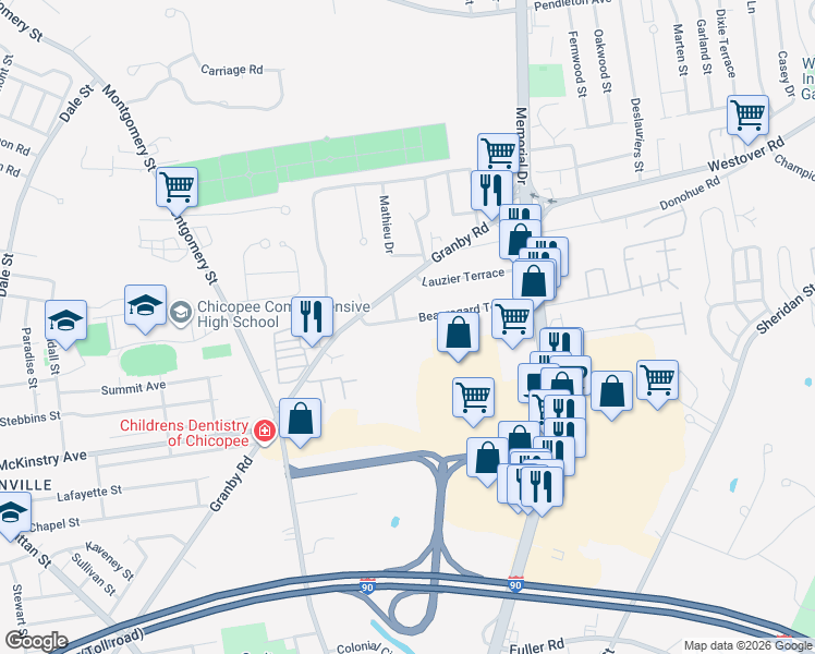 map of restaurants, bars, coffee shops, grocery stores, and more near 63 Beauregard Terrace in Chicopee