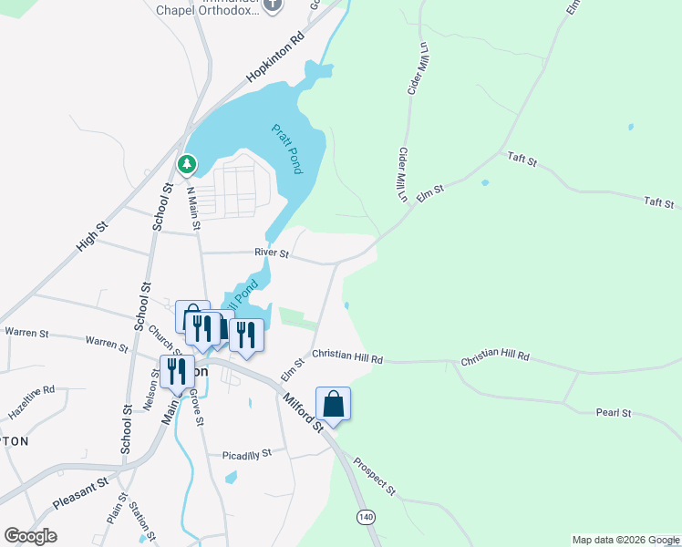 map of restaurants, bars, coffee shops, grocery stores, and more near 29 Elm Street in Upton