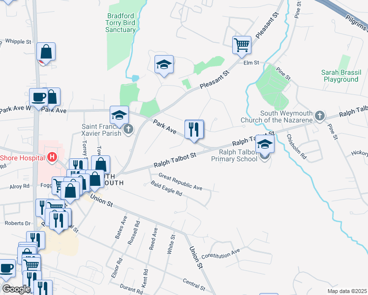 map of restaurants, bars, coffee shops, grocery stores, and more near 16 Stephen Rennie Drive in Weymouth