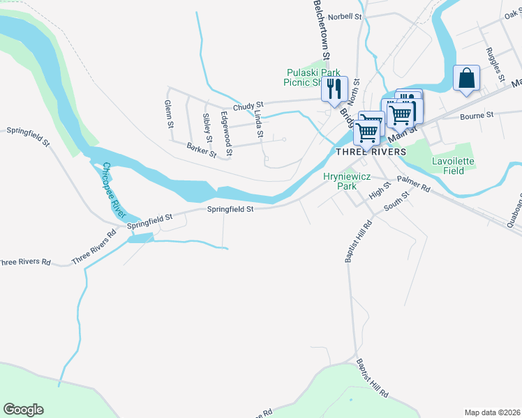 map of restaurants, bars, coffee shops, grocery stores, and more near 126 Springfield Street in Palmer