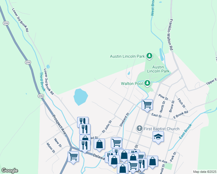 map of restaurants, bars, coffee shops, grocery stores, and more near 142 East Street in Walton