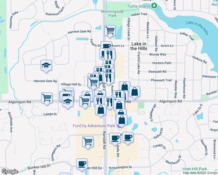 map of restaurants, bars, coffee shops, grocery stores, and more near 211 North Randall Road in Lake in the Hills