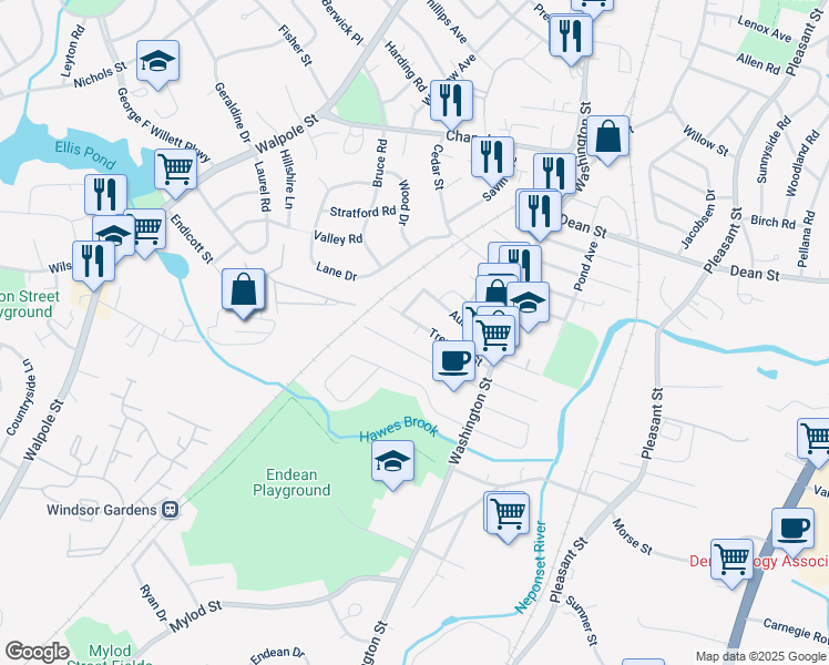 map of restaurants, bars, coffee shops, grocery stores, and more near 38 Tremont Street in Norwood