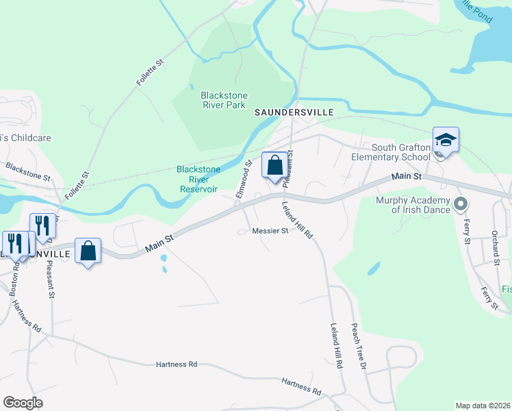 map of restaurants, bars, coffee shops, grocery stores, and more near 163 Main Street in Grafton