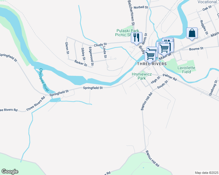 map of restaurants, bars, coffee shops, grocery stores, and more near 117 Springfield Street in Palmer