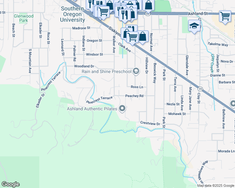map of restaurants, bars, coffee shops, grocery stores, and more near 1595 Peachey Road in Ashland