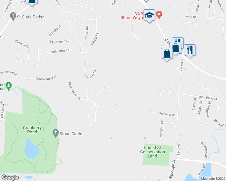 map of restaurants, bars, coffee shops, grocery stores, and more near 289 Allerton Commons Lane in Braintree