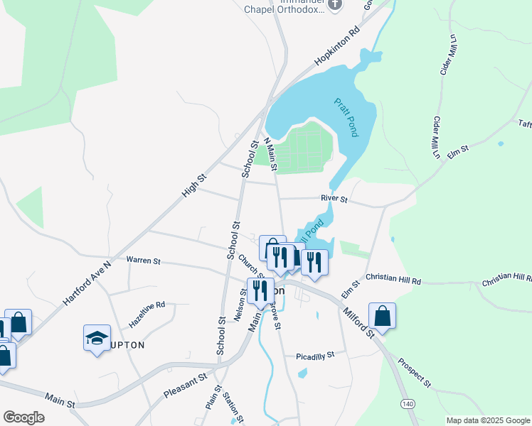 map of restaurants, bars, coffee shops, grocery stores, and more near 45 School Street in Upton