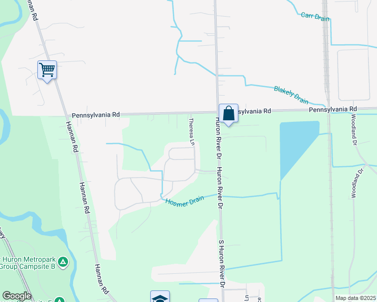 map of restaurants, bars, coffee shops, grocery stores, and more near 17505 Christina Drive in Huron Charter Township
