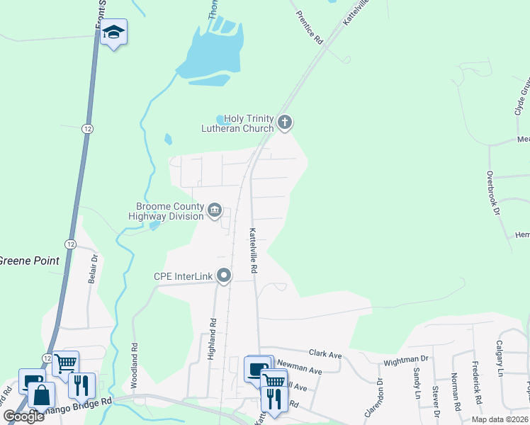 map of restaurants, bars, coffee shops, grocery stores, and more near 1 Bridge St in Binghamton