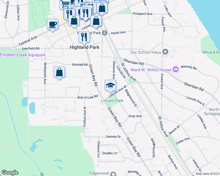 map of restaurants, bars, coffee shops, grocery stores, and more near 1364 Glencoe Avenue in Highland Park