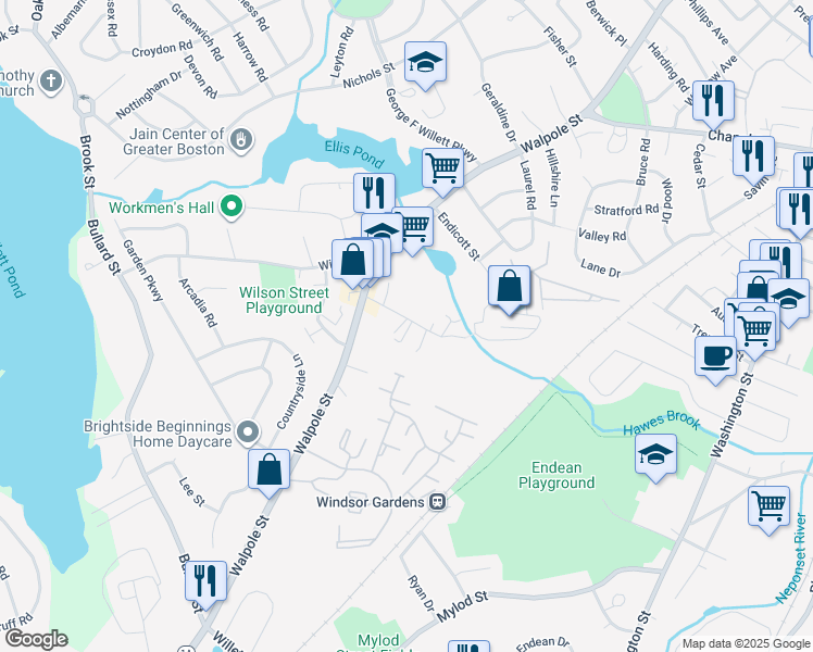 map of restaurants, bars, coffee shops, grocery stores, and more near 49 Davis Avenue in Norwood