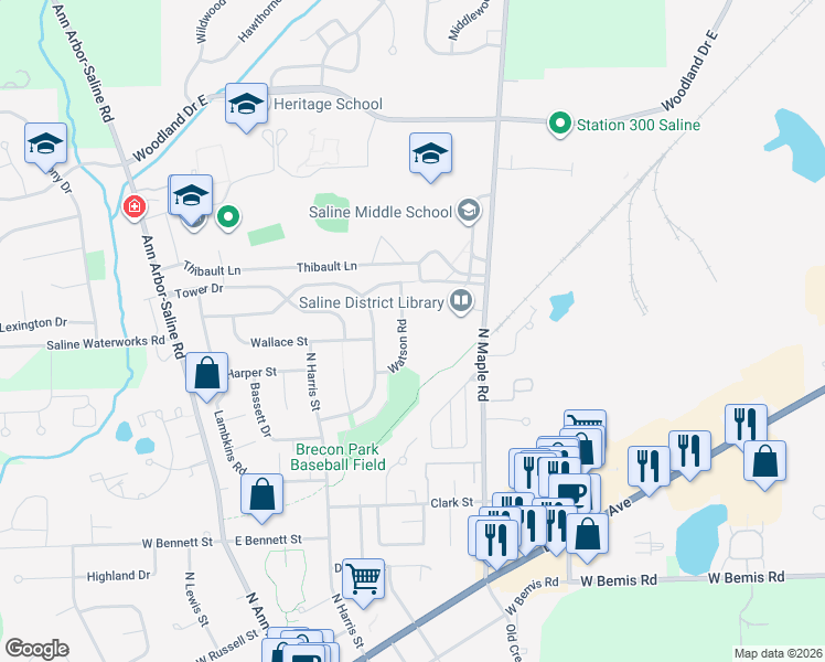 map of restaurants, bars, coffee shops, grocery stores, and more near 912 Watson Road in Saline