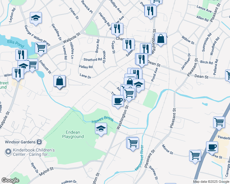 map of restaurants, bars, coffee shops, grocery stores, and more near 38 Tremont Street in Norwood