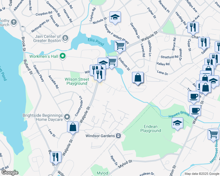 map of restaurants, bars, coffee shops, grocery stores, and more near 49 Davis Avenue in Norwood