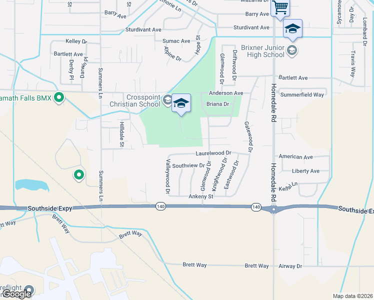 map of restaurants, bars, coffee shops, grocery stores, and more near 5048 Laurelwood Drive in Klamath Falls