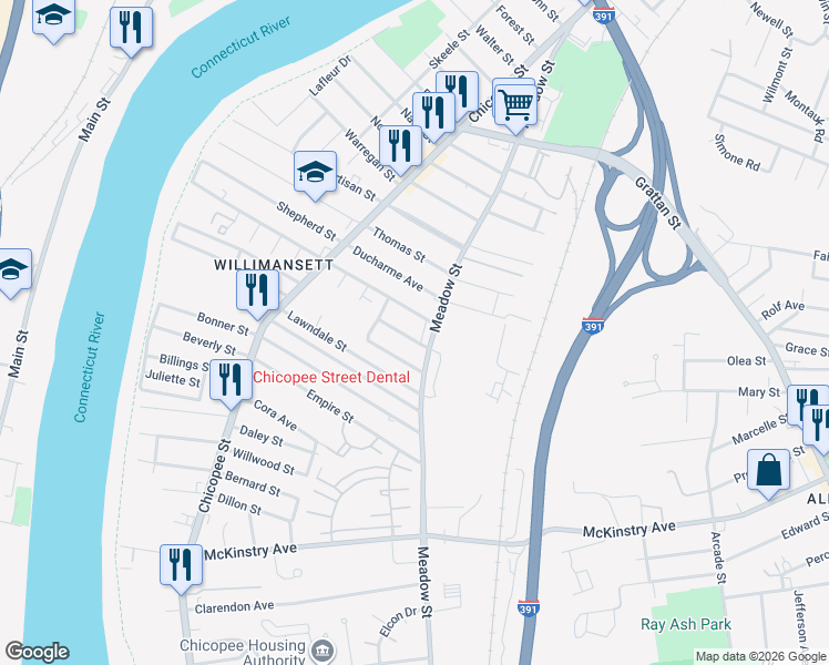 map of restaurants, bars, coffee shops, grocery stores, and more near 28 Bristol Street in Chicopee