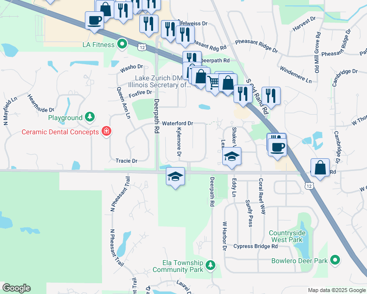 map of restaurants, bars, coffee shops, grocery stores, and more near 1210 Lismore Court in Lake Zurich
