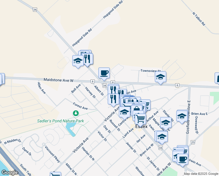 map of restaurants, bars, coffee shops, grocery stores, and more near 148 Talbot Street North in Essex