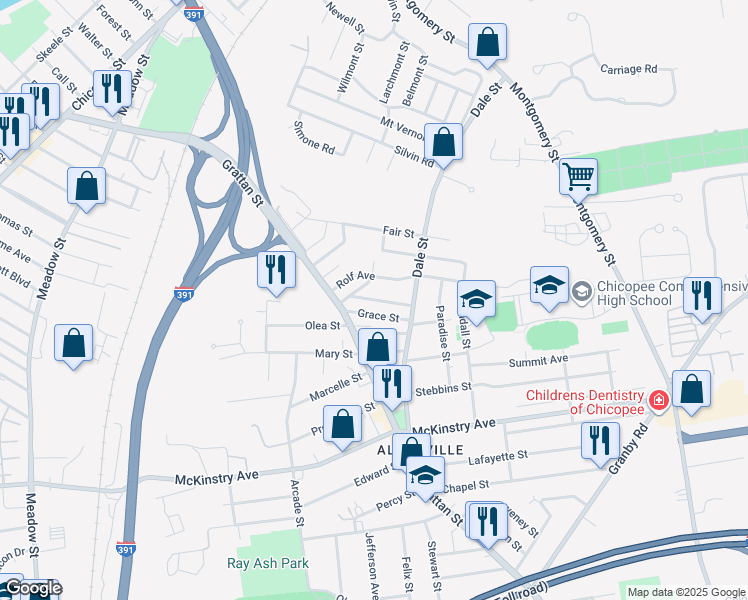 map of restaurants, bars, coffee shops, grocery stores, and more near 28 Pleasantview Avenue in Chicopee
