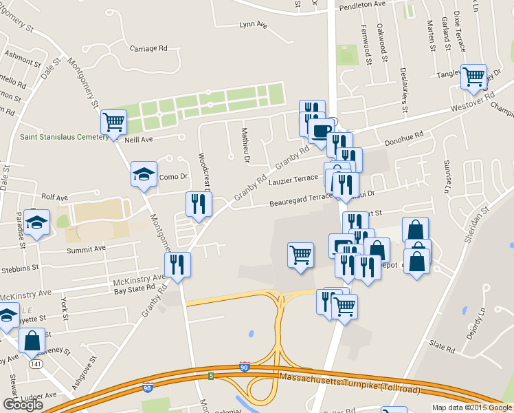map of restaurants, bars, coffee shops, grocery stores, and more near 63 Beauregard Terrace in Chicopee