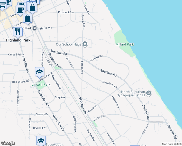 map of restaurants, bars, coffee shops, grocery stores, and more near 1361 Lincoln Avenue South in Highland Park
