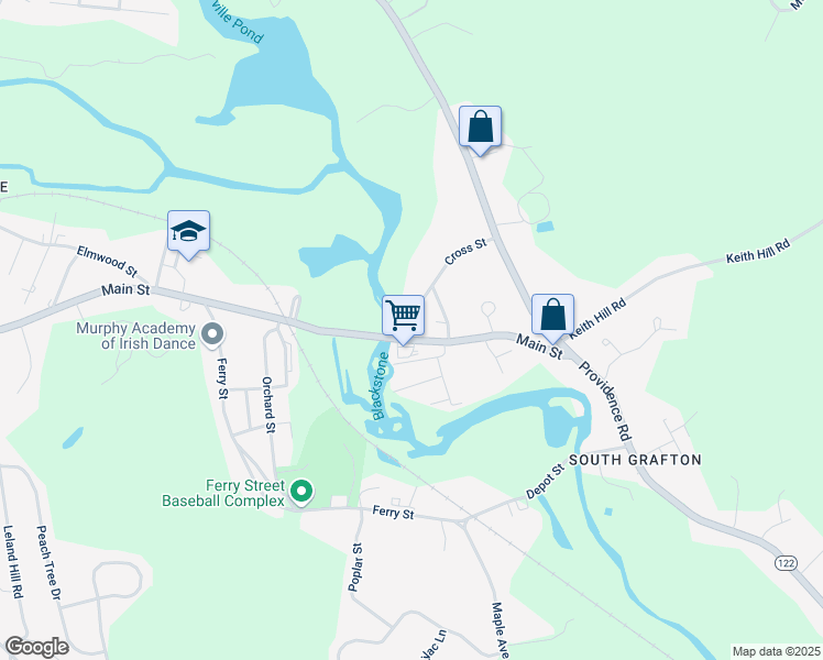 map of restaurants, bars, coffee shops, grocery stores, and more near 38 Main Street in Grafton